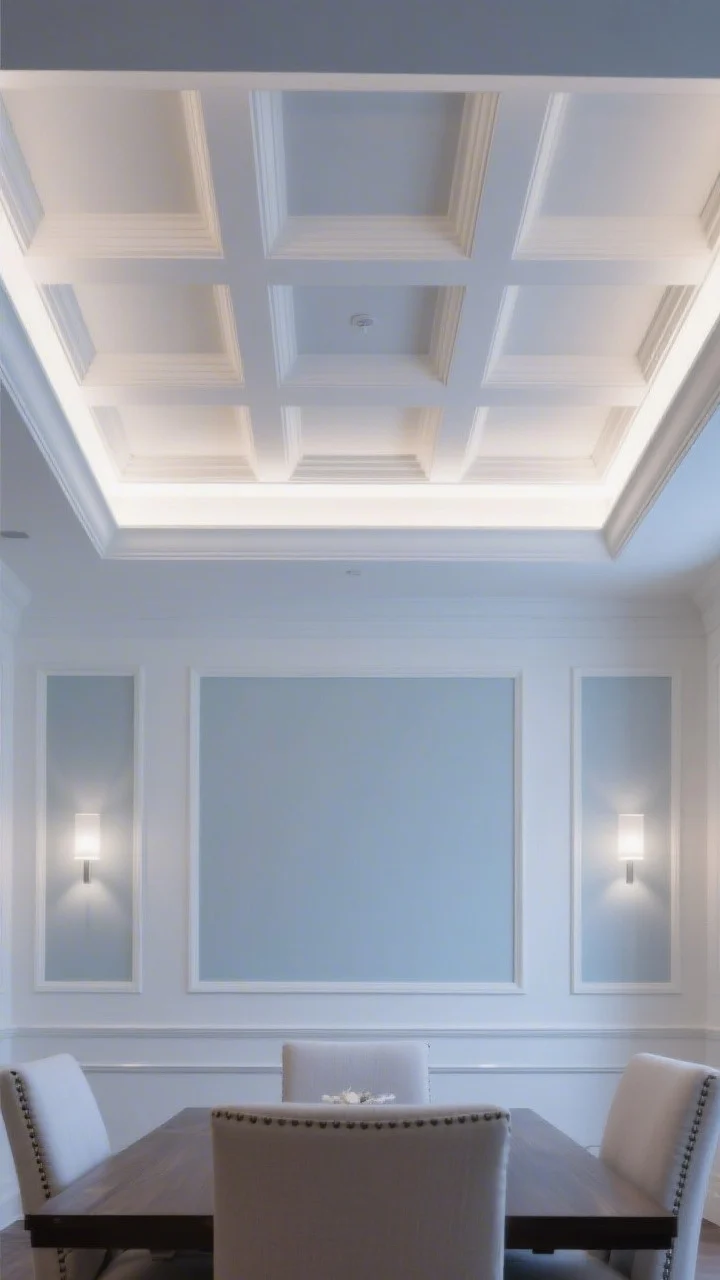 Straight-on medium shot of a dining room with a coffered ceiling: clean-lined white millwork forming a proportional grid of smaller boxes, with the coffers painted a soft warm white and the insets a muted pale gray-blue for two-tone subtle drama; a central raised tray ceiling in the middle with hidden LED strip lighting casting an even hotel-level glow; dimmer-controlled ambiance at twilight; overall look: tailored, current, not overly ornamented