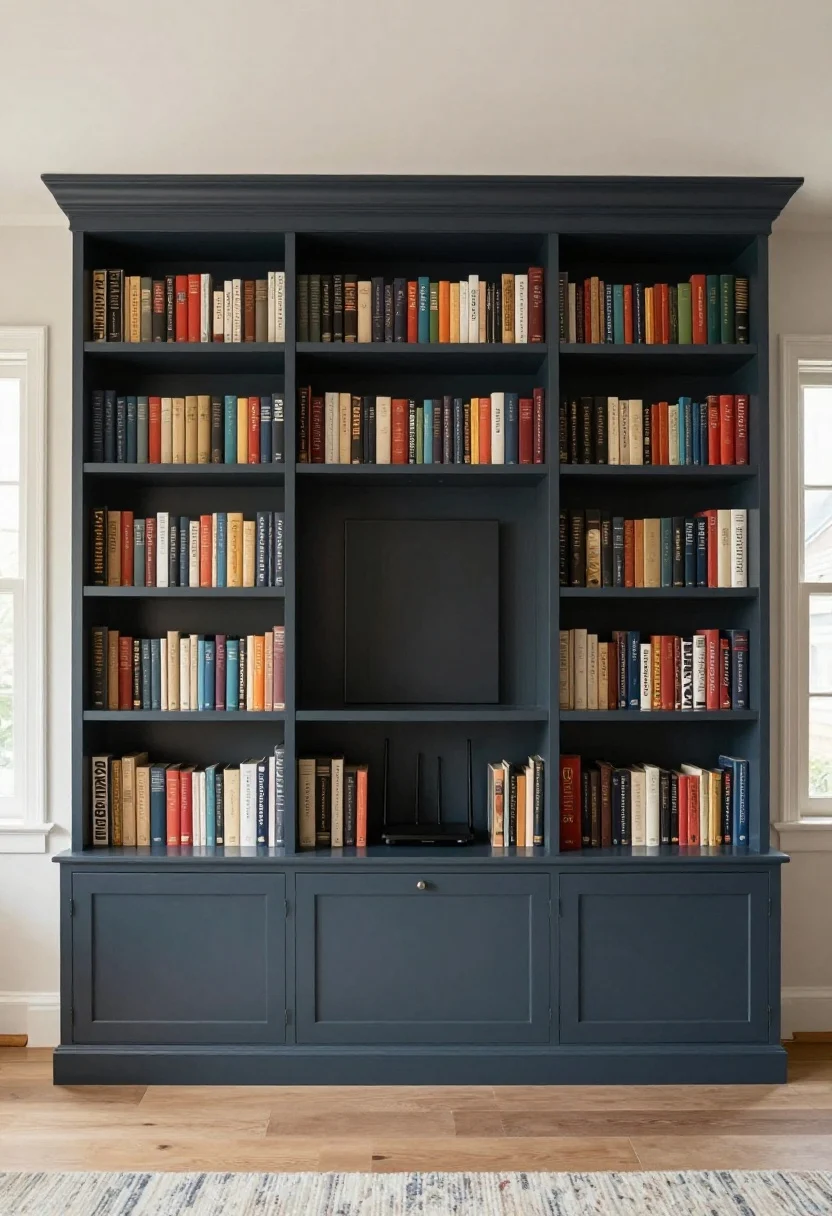 Straight-on medium shot of a focal wall built with bookcases: Floor-to-ceiling modular bookcases flank a centered TV/large artwork to fake built-ins, with the back panels painted a darker shade for depth; lower run of closed cabinets hides routers and cables; shelves styled 60% books, 30% decor, 10% negative space; cord organizers and decorative boxes subtly visible; warm ambient lighting with discreet picture lights on the shelving, clean symmetry calming mismatched windows/doors, photorealistic.