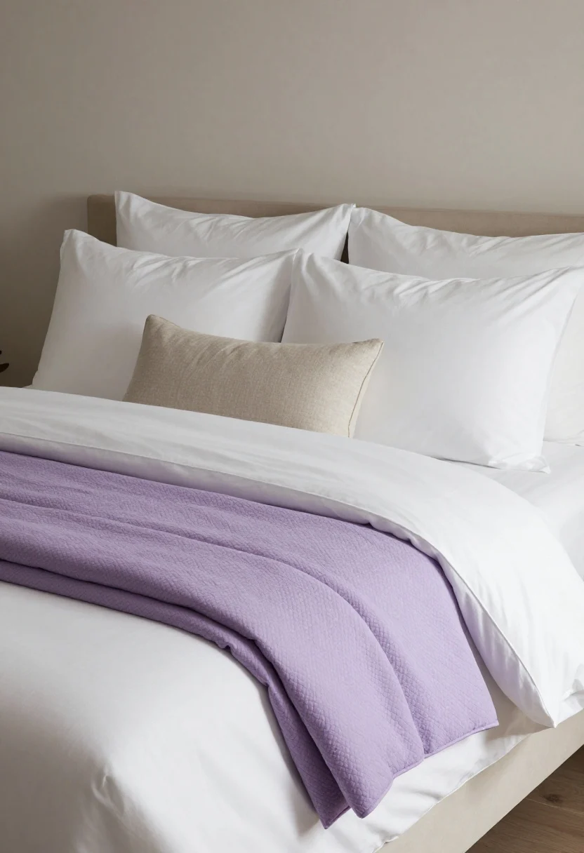 Straight-on medium shot of a neatly made bed with crisp, tailored bedding: white percale sheets (hotel style), a lavender or plum quilt folded one-third down, two textured purple euro shams, two white standard pillows, and a single neutral lumbar pillow. Keep lines clean and calm with a spa-like mood; gentle morning light, photorealistic.