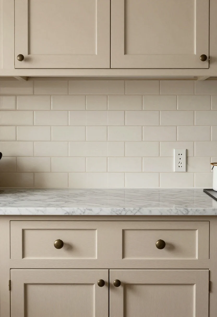Straight-on medium shot of a traditional kitchen backsplash topped with a ceramic chair rail trim in a neutral cream, sitting proud of a classic 3x6 subway field; shaker cabinets, marble countertops, vintage-inspired hardware, careful outlet alignment with extenders, and warm ambient lighting to emphasize the architectural profile.
