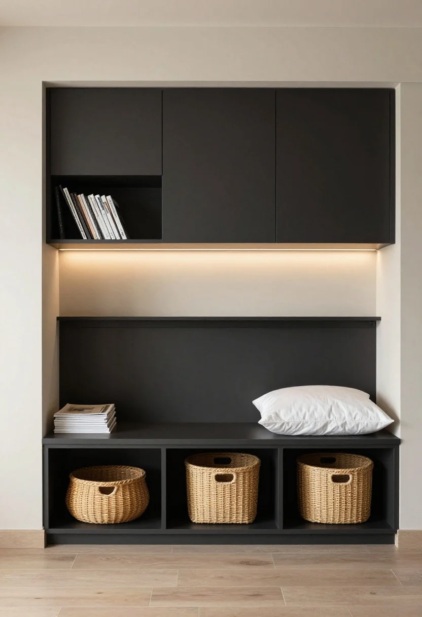 Straight-on medium shot: Over-bed storage featuring a slim picture ledge (8–10 inches deep) above a simple headboard, styled in a tight color palette of neutrals and soft black accents; shallow wall cabinets on one side, woven lidded baskets and magazine files corral small items; integrated under-shelf LED strip casting a warm, hotel-like glow; safety-conscious spacing over the pillow zone; minimal, sleek lines against pale walls.