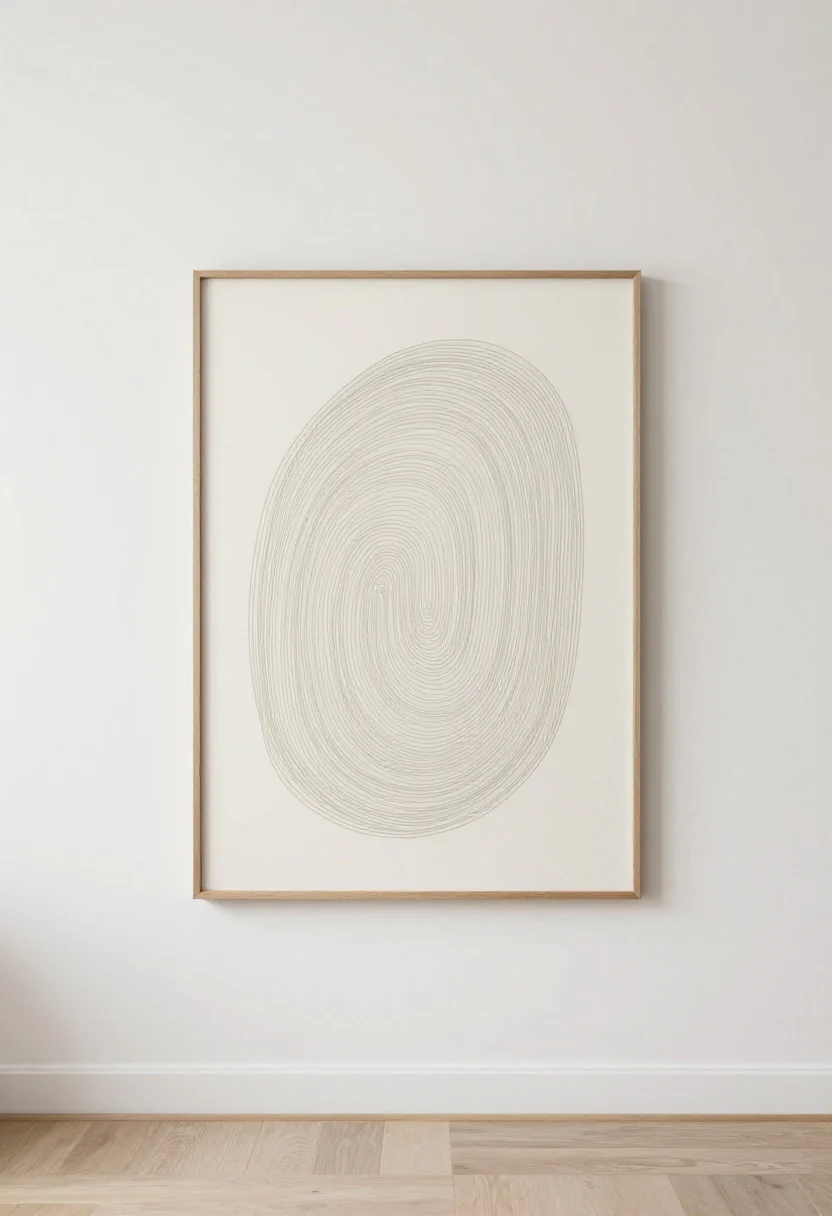 Straight-on wall shot: A single oversized, quiet art piece—soft abstract with natural motifs or a minimal line drawing—framed in a thin wood frame and hung so the center sits about 58 inches from the floor, surrounded by ample white space. Neutral wall, simple console beneath with nothing cluttering the view. Gentle daylight, serene composition. Photorealistic, quiet intention.