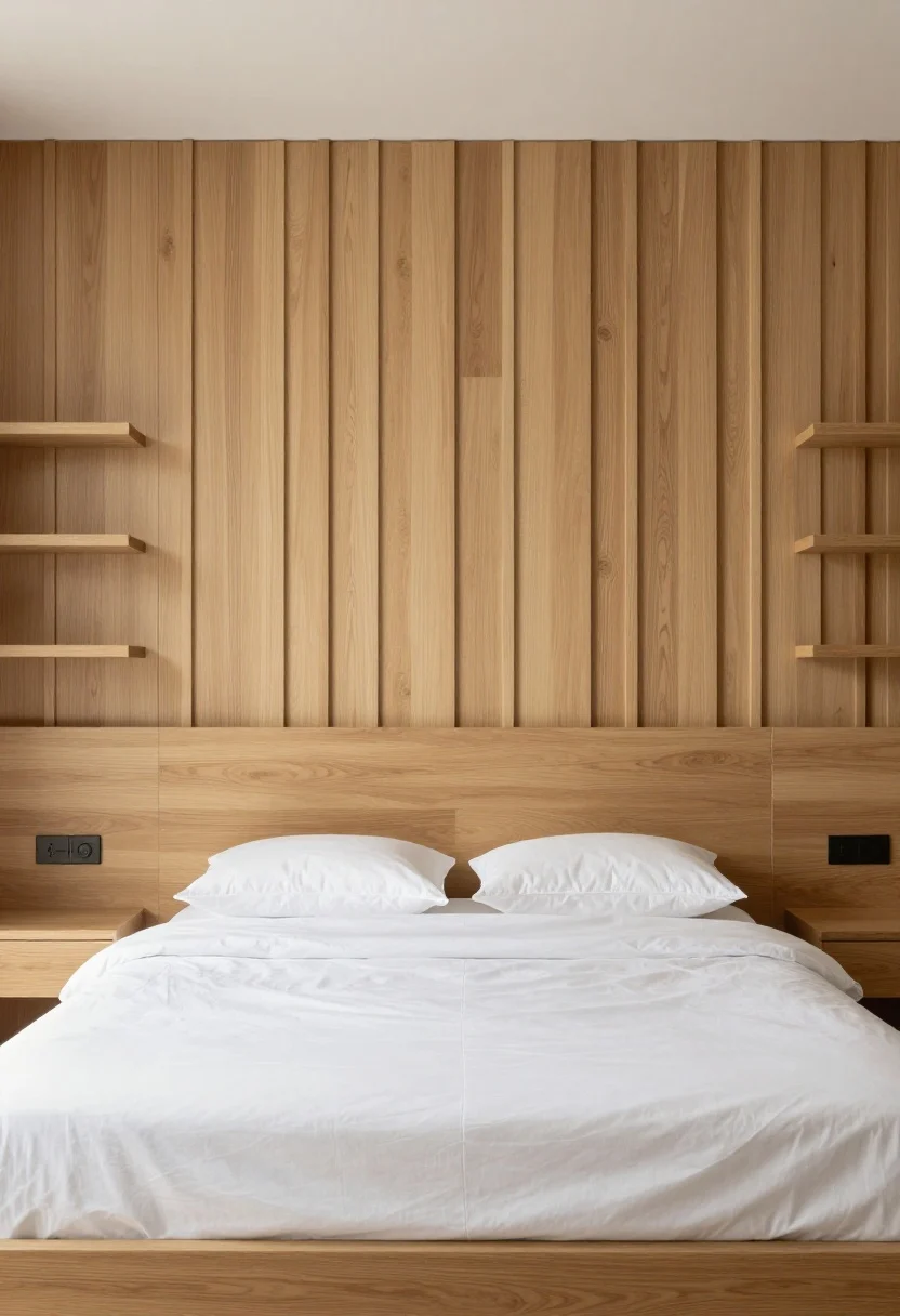 Straight-on wide feature wall: Wall-to-wall headboard panel in vertical light oak slats spanning the width behind a centered queen bed; bed dressed in simple white bedding to let the backdrop lead; floating shelves in matching wood flanking the bed to reinforce continuity; panel height around 48 inches for proportional impact; soft, even ambient lighting with gentle shadows accenting the wood texture.