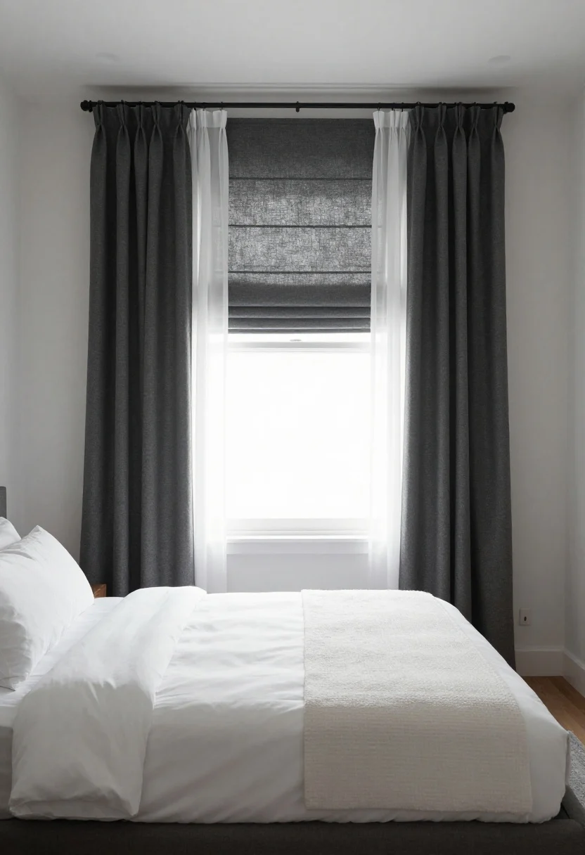 Straight-on wide shot: Bed centered beneath a window, low headboard aligned with the sill for a clean silhouette; layered window treatments with blackout roman shade in textured charcoal and sheer white curtain panels framing the window; minimal nightstands; bright morning natural light filtering through sheers; simple bedding in crisp white with a soft woven throw; neutral tones and uncluttered walls to make the bed a focal point.