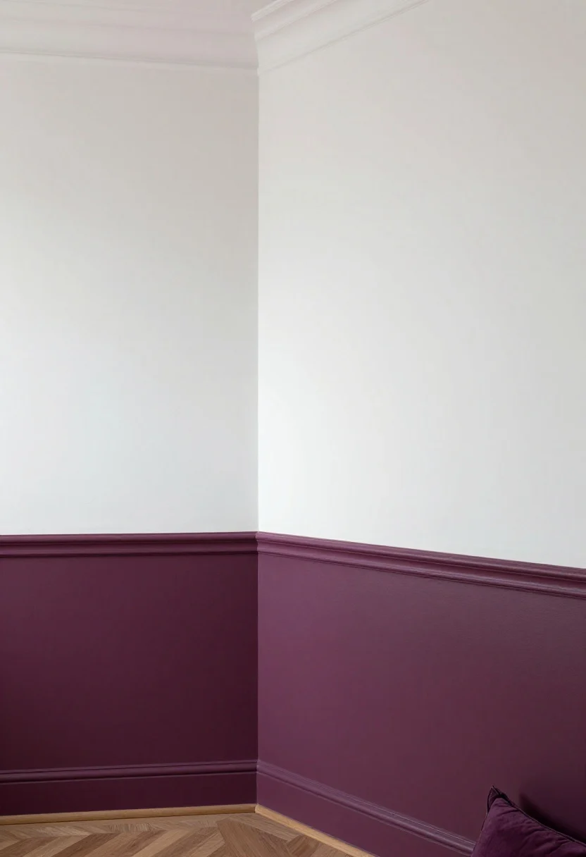 Straight-on wide shot of two-tone walls with wainscoting effect: lower third painted in rich plum, upper two-thirds in warm white with a crisp, level paint line. Satin finish on trim, eggshell or matte on walls. Repeat the darker tone in small accents like pillows, a throw, or a lamp base. Balanced, architectural look with soft natural light, photorealistic.
