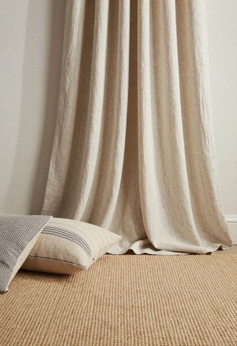 Textiles detail shot: Linen curtains softly filtering light beside a jute-and-wool rug layering moment (flatweave on bottom, plush on top). Add tactile throws and bouclé pillows in muted tones with subtle patterns like fine stripes or micro-checks in sage, clay, and charcoal accents. Natural daylight showcases weave and texture; calm, cozy mood. Photorealistic, understated patterns.