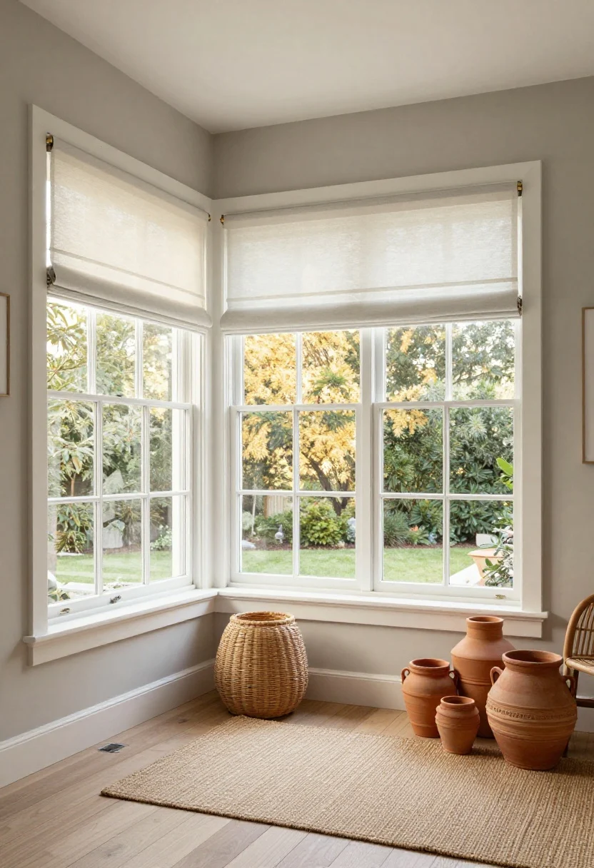 Wide, airy sunroom styled with light palettes and natural accents: window treatments in whites, creams, foggy grays, and pale sands; thin hardware rods in brushed nickel; rattan furniture, jute rug, and clustered terracotta pots warming the space; solar shades partially down to maintain brightness; golden-hour light washing the room, photographed from an elevated corner to capture overall cohesion and breathability