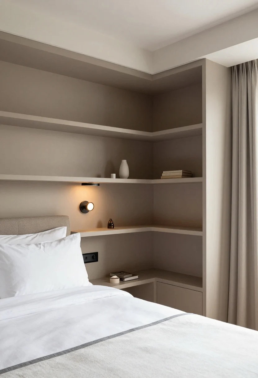 Wide alcove view: A built-in bed nook filling an existing recess, interior painted a slightly darker taupe for depth; floating shelves on both sides holding a few curated objects; two overhead wall-mounted sconces providing cozy, hotel-style lighting; an upholstered wall panel where the head meets the wall; crisp white bedding with a thin graphite stripe; optional full-height curtain track subtly visible for closing off the nook.