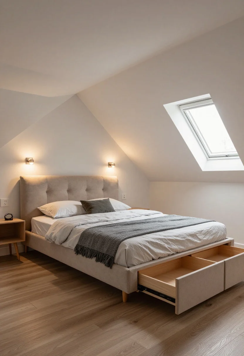 Wide attic scene: A platform bed tucked under the lowest part of a sloped ceiling, upholstered headboard to soften bumps; plug-in wall-mounted reading sconces flanking the headboard; shallow under-bed drawers partially open to show clearance working beneath the eaves; low-profile frame to reduce visual bulk; soft, warm bedside light contrasting with cool daylight from a small dormer window.