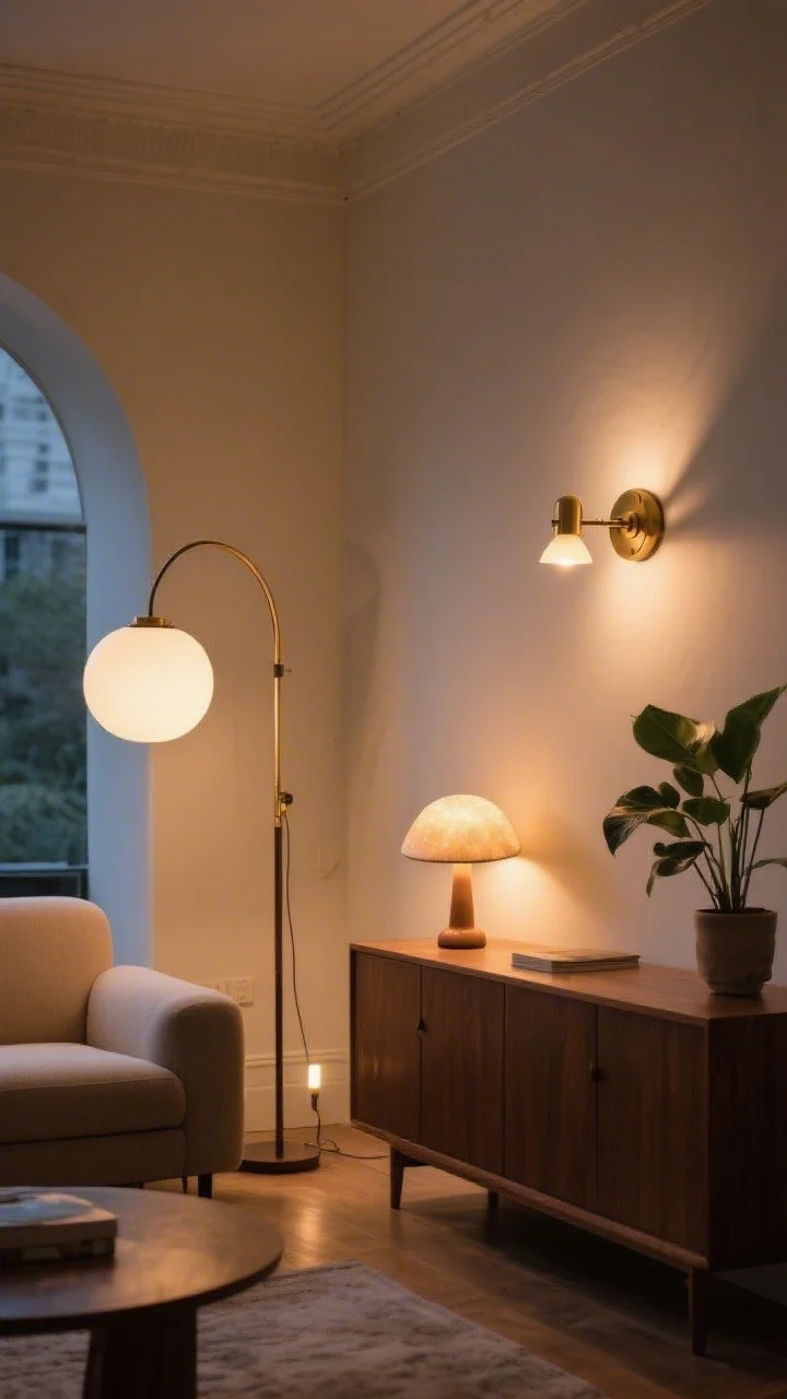 Wide corner angle at dusk showcasing layered retro lighting: an arched floor lamp with a globe shade for ambient light, a swing-arm brass sconce by the sofa for task lighting, and a mushroom table lamp glowing on a credenza for accent. Include a petite uplight behind a plant to wash the wall subtly. Set bulbs to warm 2700–3000K and show dimmed mood; no harsh overheads; photorealistic.