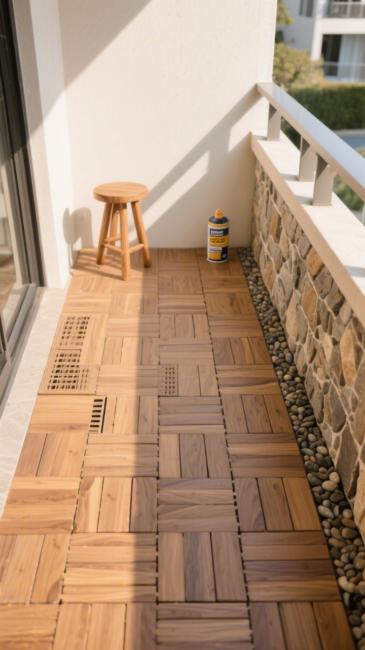 Wide corner-angle shot of a renter-friendly balcony transformed with interlocking deck tiles: warm acacia wood tiles arranged in a herringbone pattern, with a precise drainage gap at the edges. Include a mixed-material touch—stone-look border tiles along the perimeter and a slim pebble strip for contrast. Add a small teak stool and a subtle can of wood sealer on the side to imply annual care. Gentle late-afternoon light, crisp textures, resort-chic mood; clean lines and landlord-approved look; no people.