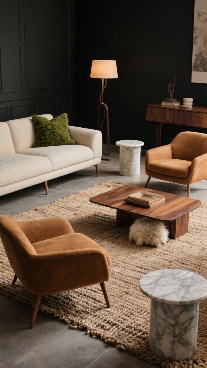 Wide living room shot from a slightly elevated angle highlighting furniture silhouettes against dark walls: leggy sofa and chairs showing plenty of floor, upholstery in camel and cream with a moss accent pillow; light-to-mid tone woods (oak coffee table, walnut console) add balance; marble or travertine side tables lift the palette; a plush hand-tufted wool rug layered over thick jute with a small sheepskin accent to ground the scene; lighting is warm and subdued to emphasize shape, curves, and contrast.