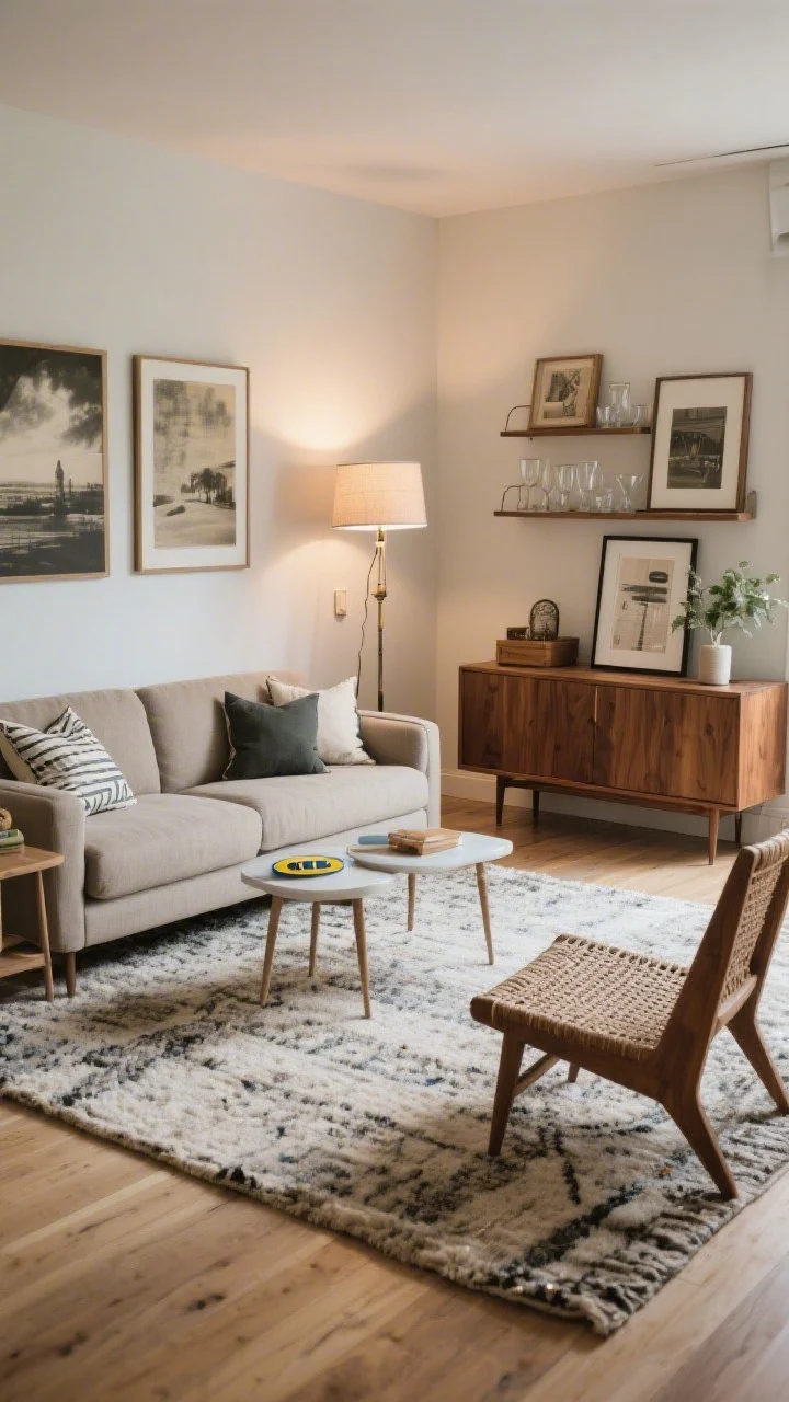 Wide living room shot illustrating smart splurge/save: a high-quality, durable-fabric sofa and a large wool-blend rug as anchors, plus a quality floor lamp with a dimmer. Mix in budget-friendly side tables (IKEA hack look or marketplace finds), interchangeable pillow covers, oversized-mat art prints, and vintage glassware on a shelf. Include a refinished teak sideboard and a reupholstered flea-market chair in a textured weave to suggest DIY. Balanced, inviting lighting; photorealistic.