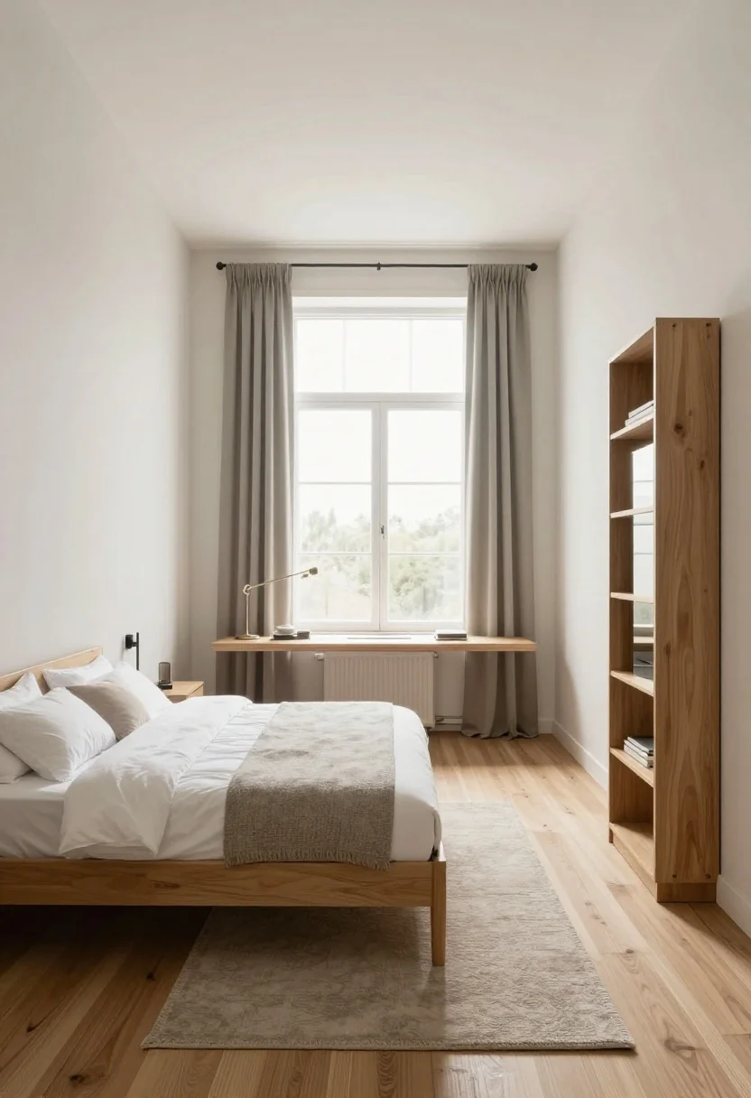 Wide, railcar layout: Long narrow room with the bed placed on the short wall at one end atop a rug extending 18–24 inches beyond the sides; a slim floating desk positioned mid-room to break the bowling-alley effect; curtains mounted higher than the window to stretch the walls upward; tall mirror and a narrow bookcase adding verticality; light finishes, visible furniture legs, and bright, even daylight for openness.