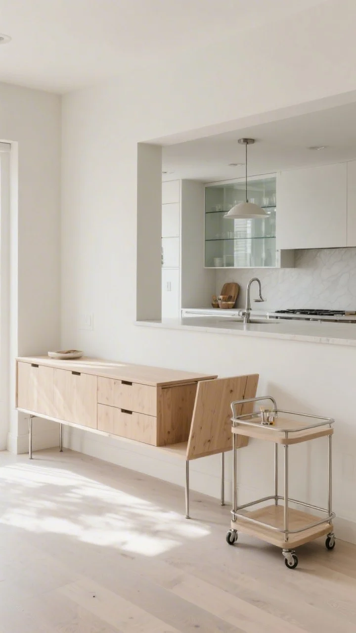 Wide room shot capturing the one-wall kitchen opposite a slimline island/console: a 24-inch-deep pale wood console with slim drawers and slender metal legs, plus a drop-leaf segment partially raised. Include a mobile bar cart with locking wheels nearby. Maintain at least 30–36 inches of clearance between the console and the kitchen wall. Finishes are light and airy—glass, pale wood, and slim metal—so the space feels open. Natural daylight with gentle shadows, photorealistic.
