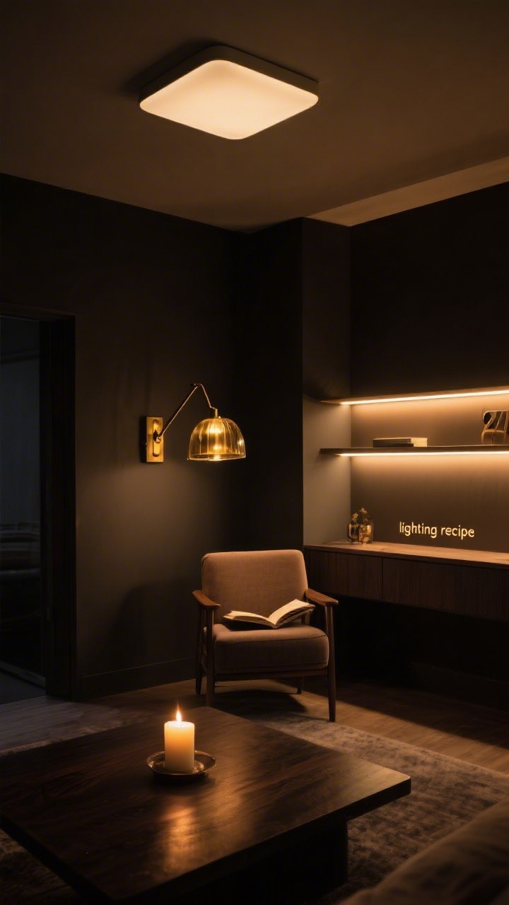 Wide room shot from a diagonal/corner perspective capturing a “lighting recipe” in a cozy dark room: dimmable flush-mount with soft diffuser providing ambient wash, a swing-arm sconce near a reading chair for task light, and an LED strip backlighting built-in shelves as accent; warm 2700K bulbs only, brass and smoked glass shades bouncing a golden glow; a single candle flickers on a dark wood table in foreground; overall effect is glow-not-glare, flirtatious warmth in a moody space.