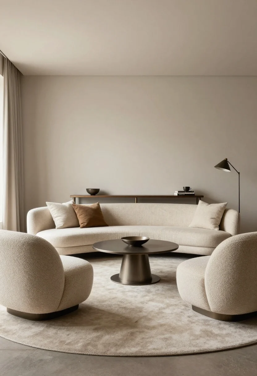 Wide shot: A floating seating arrangement in a quirky living room with slanted walls, anchored by an oversized neutral area rug; a low-back linen sofa and two upholstered swivel chairs form a cozy conversation circle around a round coffee table; slim console table behind the sofa, clear 30–36 inch pathways around the grouping; soft ambient evening light, low-contrast upholstery, layered textures like boucle and matte metal accents; no walls hugged, dentist-waiting-room vibe avoided, photorealistic.