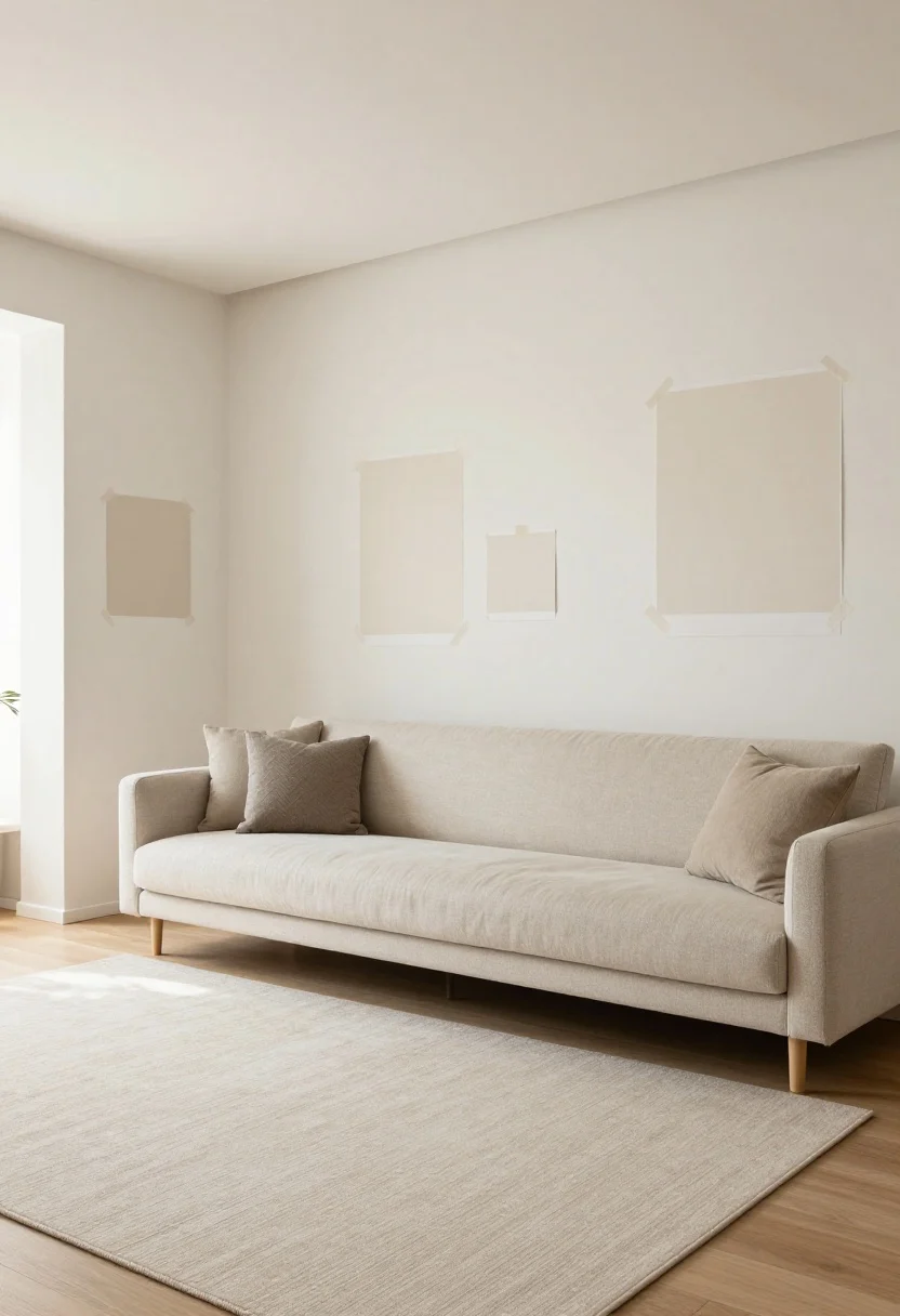Wide shot: A Japandi living room anchored by a warm off-white wall and a large neutral area rug in a matching tone, with a restrained palette of soft white, warm beige, and mushroom taupe (wood tones counting as one color). Natural daylight washes across the room, large paint swatches taped to different walls subtly visible to show undertones. Minimal furnishings to highlight the calm, open feel; textured beige/greige throw pillows on a simple sofa. Photorealistic, serene, airy.