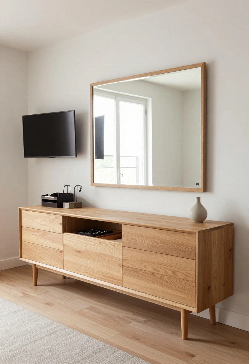 Wide shot: A long, low dresser in light oak serving triple duty as vanity, compact desk, and TV console; a large wall mirror centered above one side with a slim backless stool tucked fully under; a wall-mounted TV above the opposite end; the dresser top organized with jewelry trays, a slim file organizer, and a small vase; drawer dividers glimpsed in a slightly open drawer; balanced natural and overhead lighting, airy and multifunctional.