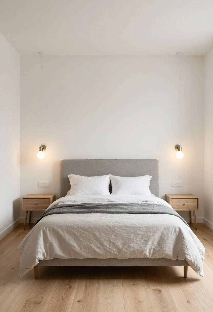 Wide shot: A small bedroom with the bed centered on the longest uninterrupted wall, low-profile upholstered headboard in soft gray linen, slim matching nightstands exactly mattress height, wall-mounted swing-arm sconces above each nightstand, 22–24 inches of clear space on both sides, neutral palette with light oak floors and white walls, uncluttered surfaces, soft evening ambient light emphasizing symmetry and clear walking lanes.