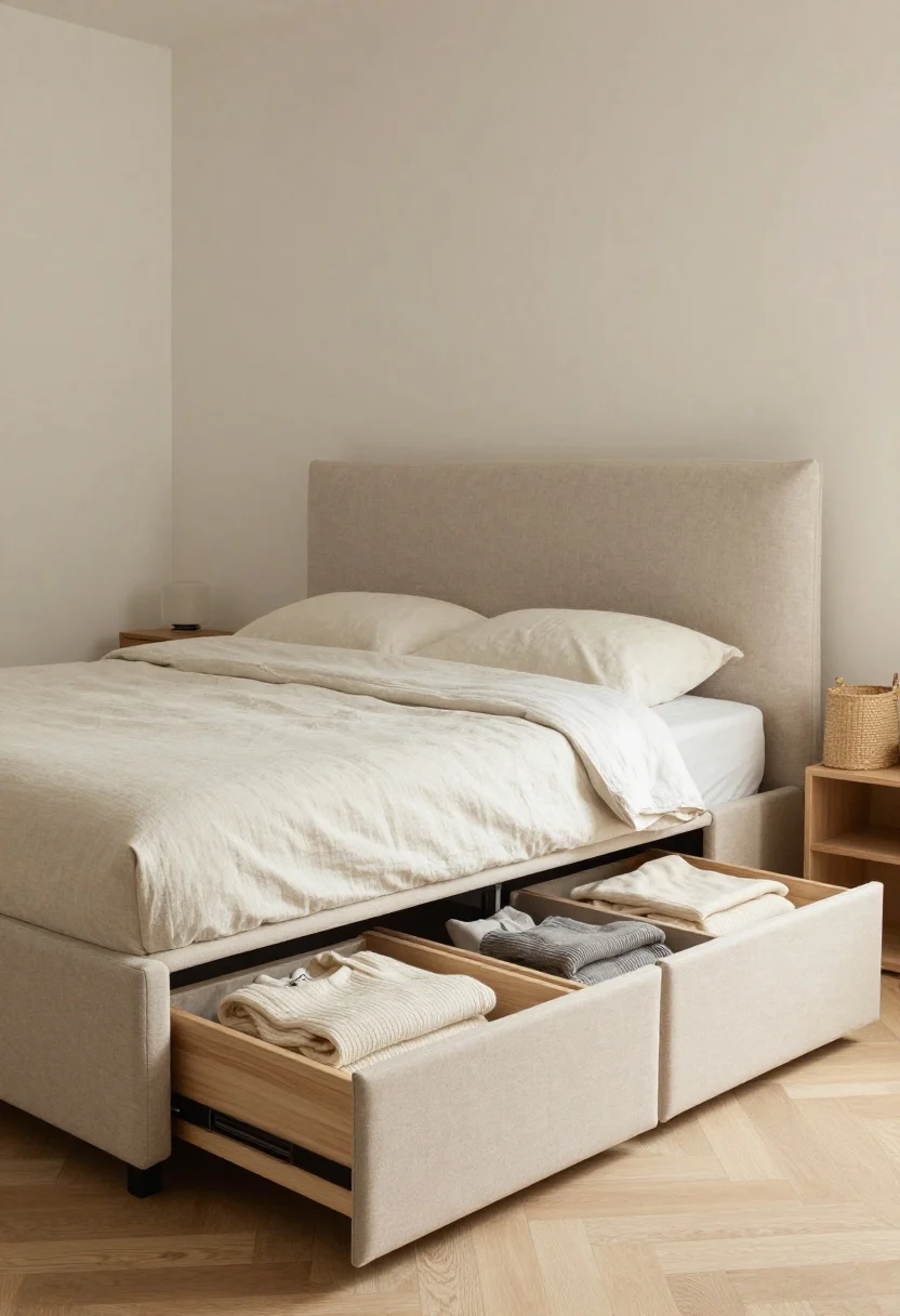 Wide shot: A small, serene bedroom featuring a queen upholstered storage bed in soft linen beige with deep side drawers slightly open, revealing neatly arranged soft fabric bins of off-season clothes and bulky sweaters; sleek wood drawer fronts, no dust visible under the platform; neutral light palette with pale walls, rattan accent basket, and warm morning light; ottoman-style lift mechanism hinted by a discreet pull, smooth-glide hardware visible; calm, chic vibe with minimal decor and layered linens.