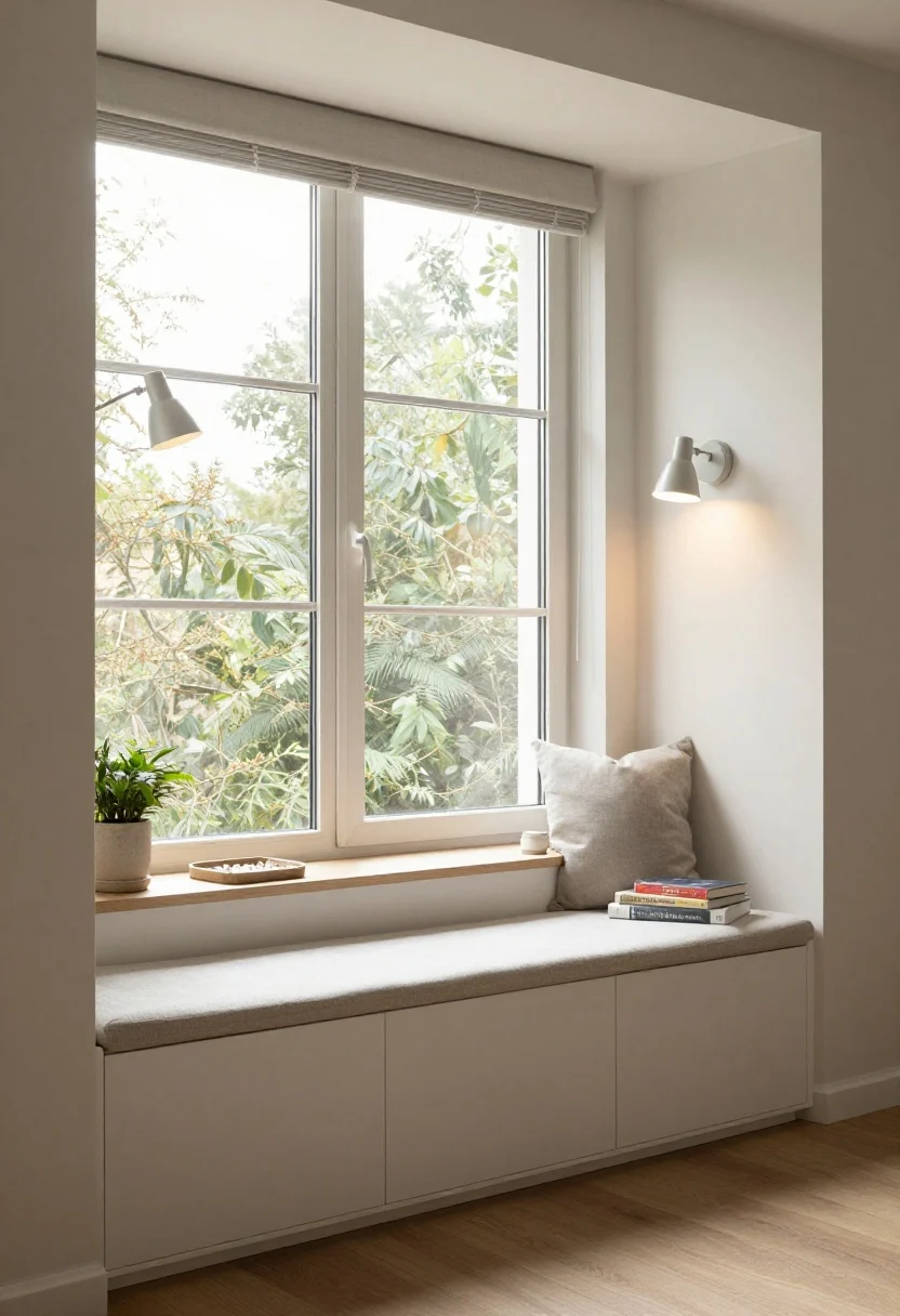 Wide shot: A window zone with a slim storage bench beneath the sill, drawers hidden behind a clean front; if the sill is deep, it’s styled as a mini shelf with a small jewelry tray, a plant, and a few books; wall-mounted swing-arm sconces with adjustable heads flank the window, freeing nightstands and adding symmetry; light palette with soft cushions; glowing evening light from sconces complementing natural daylight.
