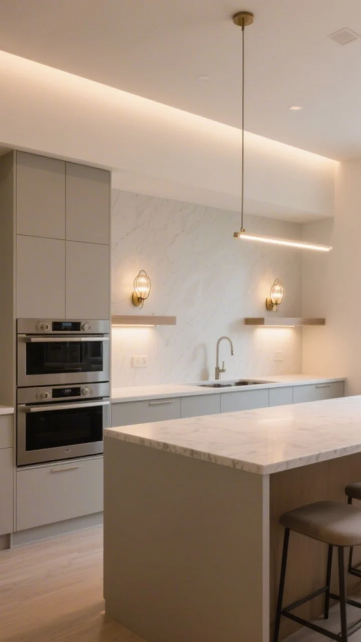 Wide shot emphasizing layered lighting on the single wall: under-cabinet LED task lights illuminating the prep area, a pair of statement sconces flanking open shelves or the range for accent, and a slender linear pendant centered over a slim island for ambient light. Warm-white bulbs (2700–3000K) create a cozy glow on matte cabinets and quartz counters in light tones. No people, balanced exposure, photorealistic.