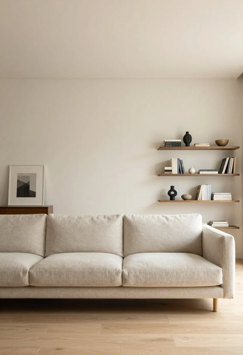 Wide shot from a corner angle: Purposeful negative space in a Japandi living room with furniture breathing room—sofa floated 6–8 inches off the warm off-white wall, a minimally styled bookshelf featuring roughly 50% books, 30% sculptural objects, and 20% open space. Airy, gallery-calm energy with open floor areas and uncluttered corners. Soft daylight, neutral palette, clean lines. Photorealistic, spacious.