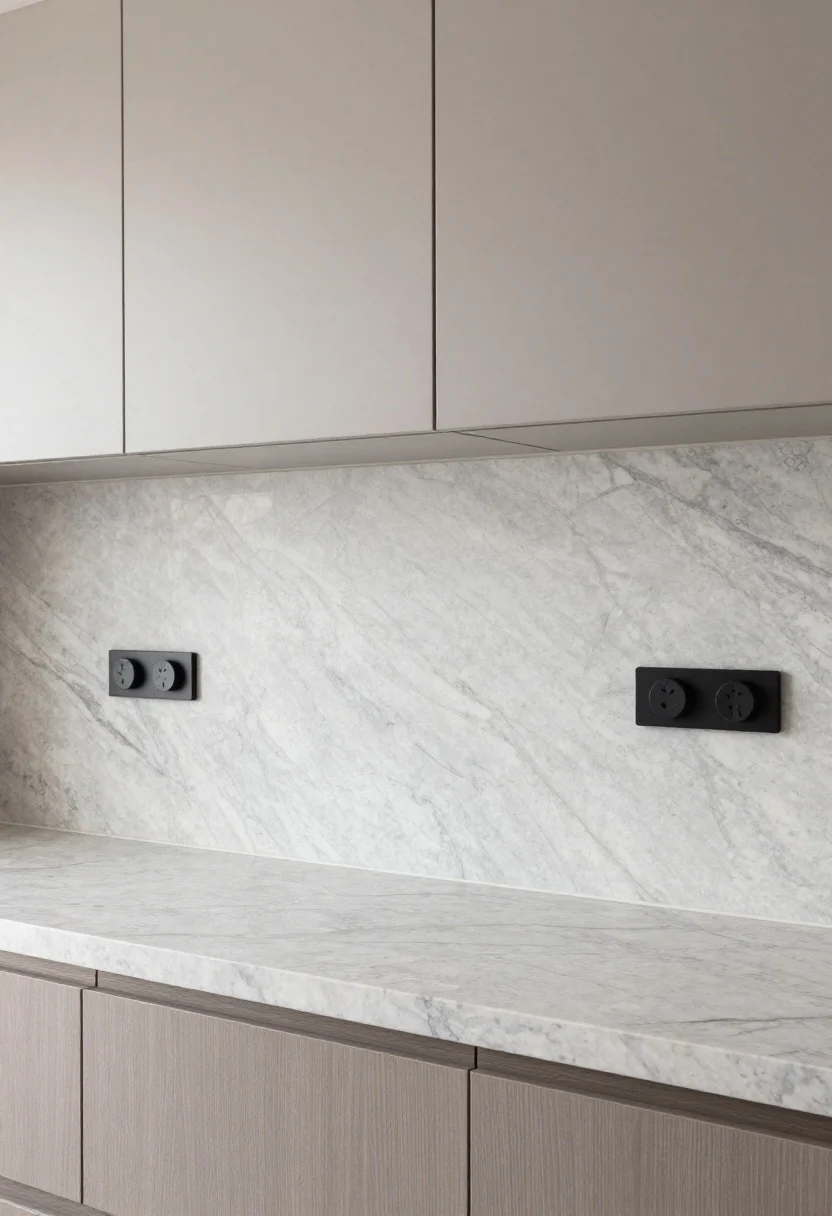 Wide shot of a luxury kitchen range wall with a continuous quartz slab backsplash carried up from the countertop; polished slab return creates a refined edge, eased profile, minimal outlets with slim covers, coordinated veining direction flowing from counter to wall, and crisp, even ambient lighting for an instant luxe statement.
