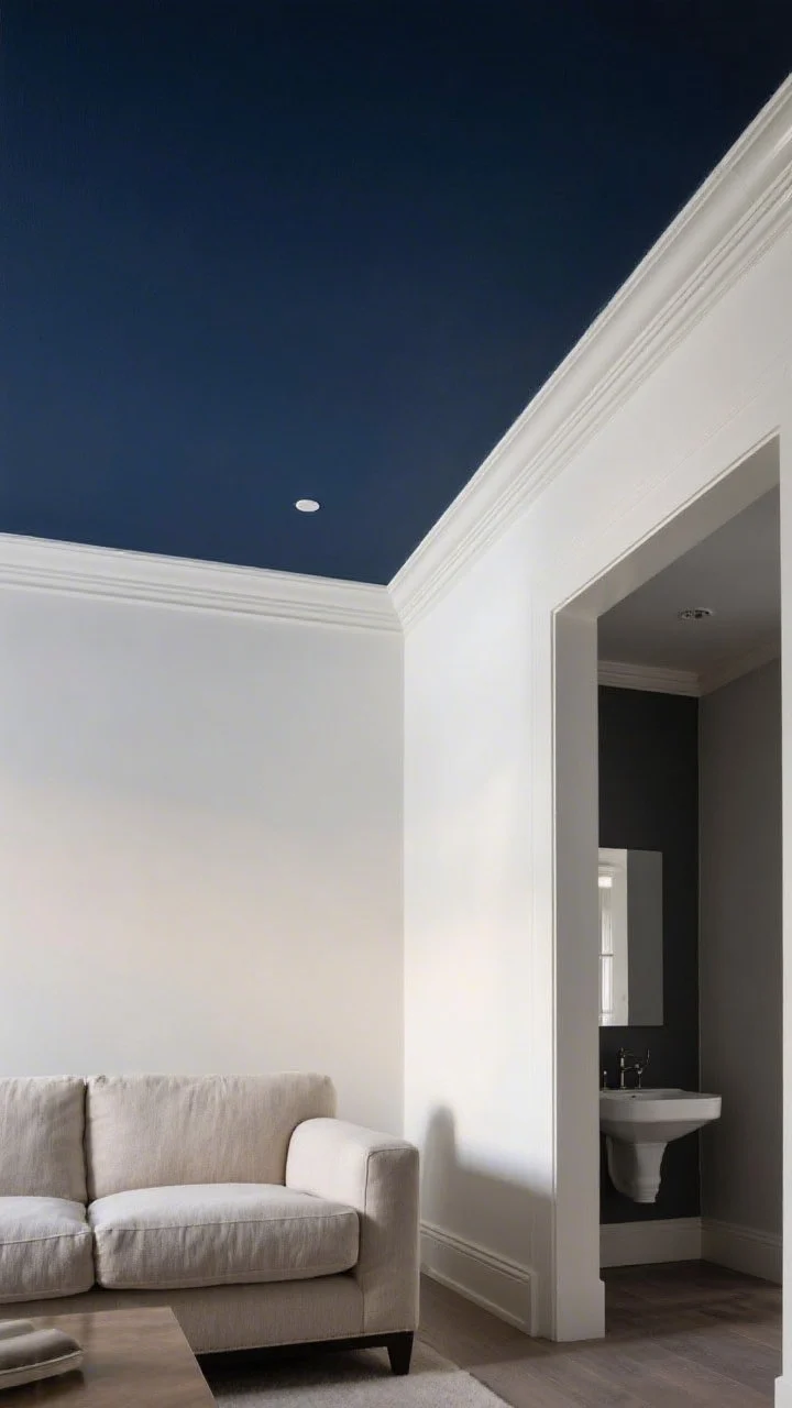 Wide shot of a modern living room with a bold painted ceiling in deep midnight navy extending 4 inches down the white walls as a color-blocked cornice, crown molding painted the same midnight navy, matte neutral walls, and a linen sofa below; soft evening light with gentle reflections from an eggshell-to-satin sheen on the ceiling; include a secondary vignette showing a smaller adjacent powder bath ceiling in semi-gloss charcoal for a dramatic reflective look; overall mood: upscale, intentional, balanced with quiet walls