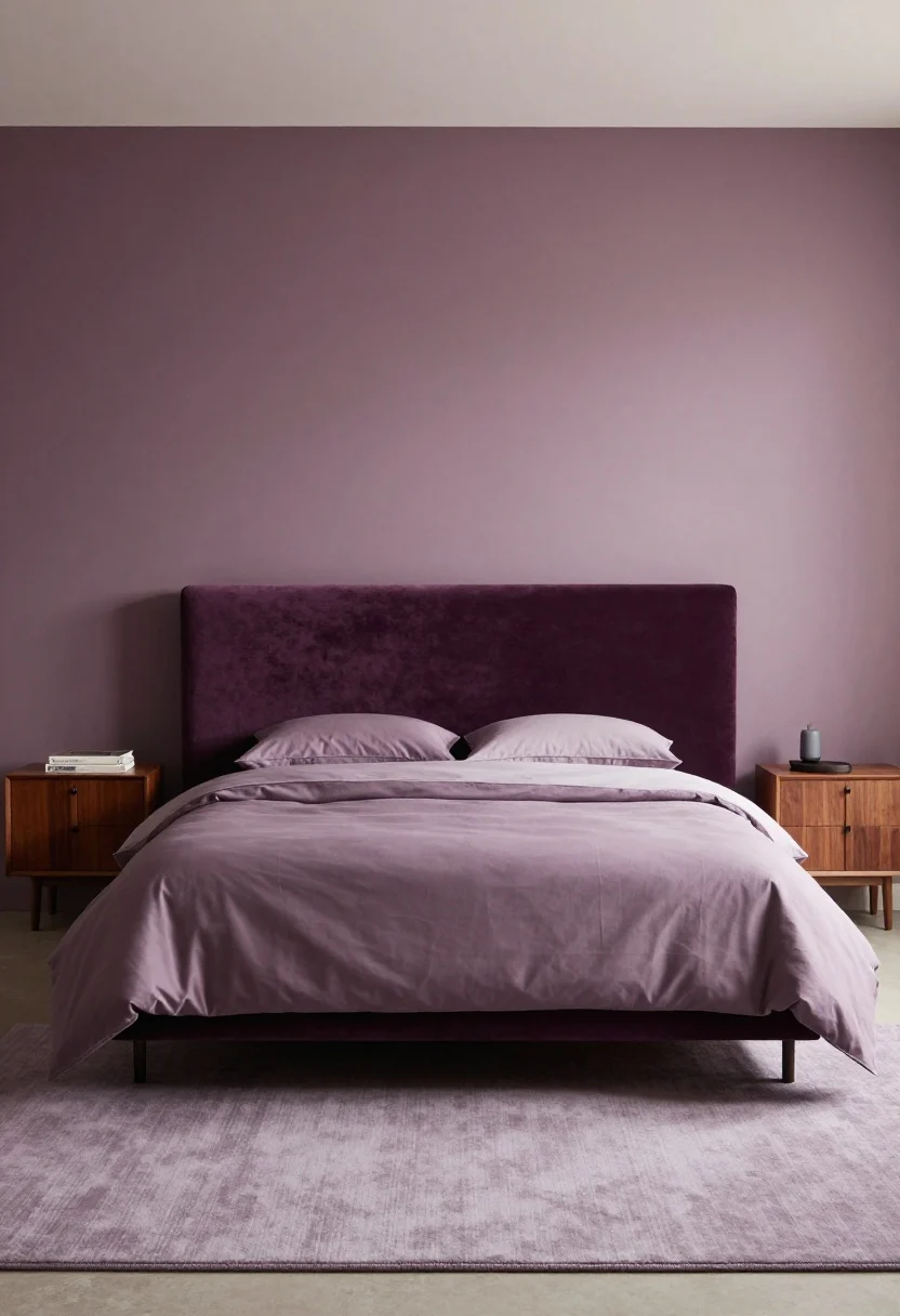 Wide shot of a monochrome purple bedroom playing a gradient: deep aubergine upholstered headboard, mid-tone mauve drapes, soft lilac sheets, and a lavender-gray area rug over a neutral floor. Minimal patterns, mostly solids with subtle weaves; matte painted walls, plush velvet headboard, low-luster wood nightstands. Even, warm lighting for a cohesive, modern feel, photorealistic.