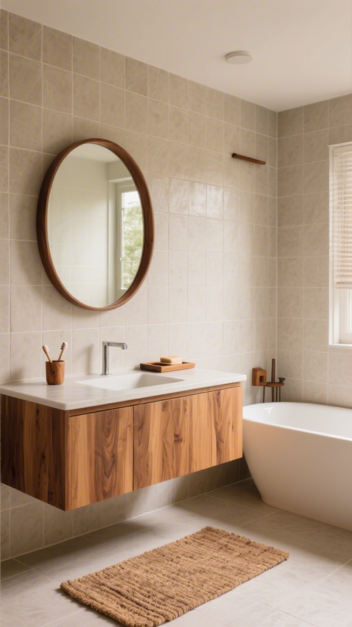 Wide shot of a serene, tile-walled bathroom warmed by natural wood accents: a floating wood vanity in matte-finish teak, a teak bath mat replacing a rug beside a freestanding tub, a walnut-framed rounded-corner mirror above the vanity, and small wooden accessories (toothbrush cup, soap dish, trays) on the counter; moisture-friendly woods like teak, cedar, and acacia visible; neutral, earthy palette with soft daylight filtering in; clean, minimal styling emphasizing warmth and organic grain.