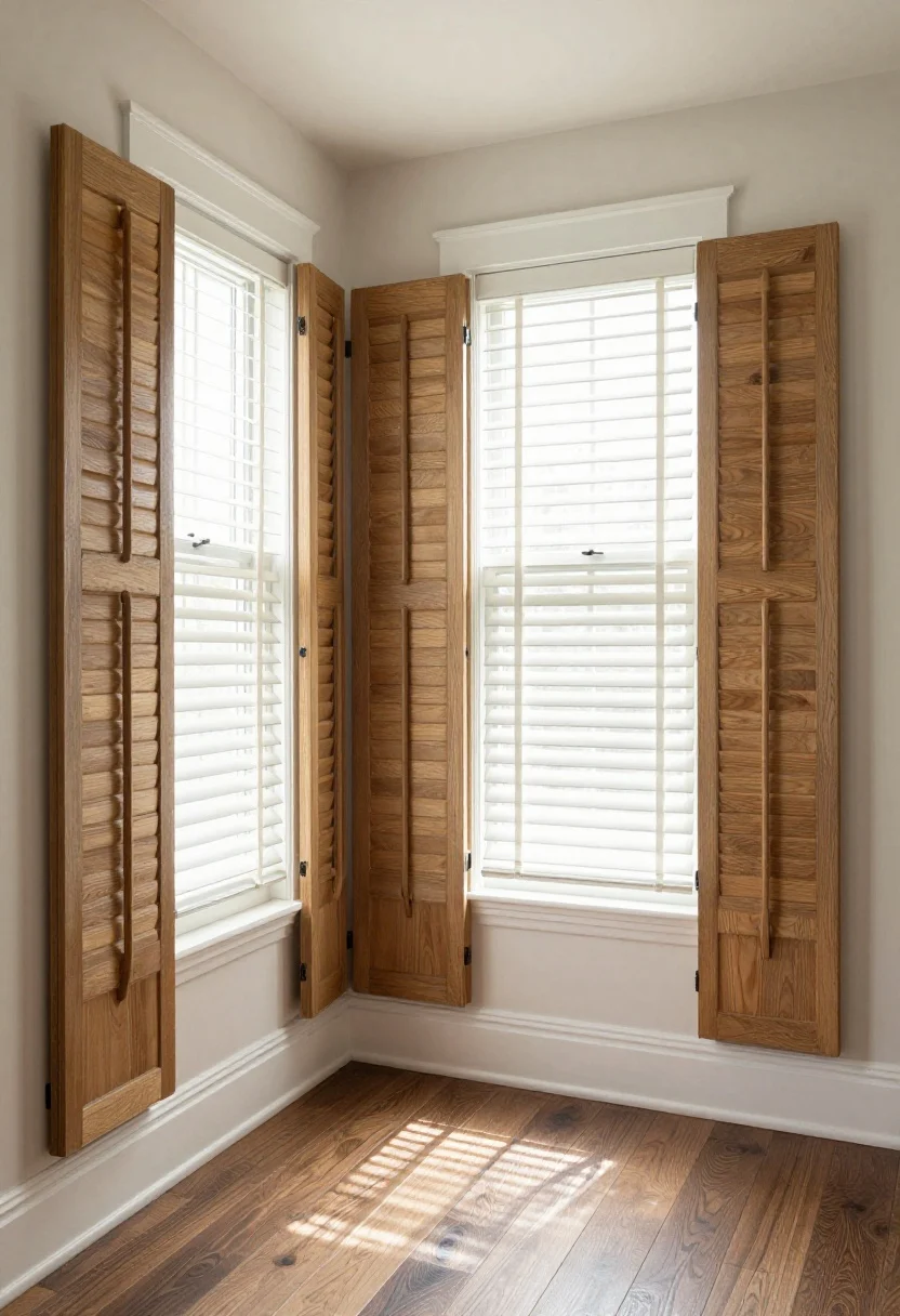 Wide shot of a sunroom featuring half-height cafe shutters in faux wood, painted to match white trim, paired with wide-slat blinds (