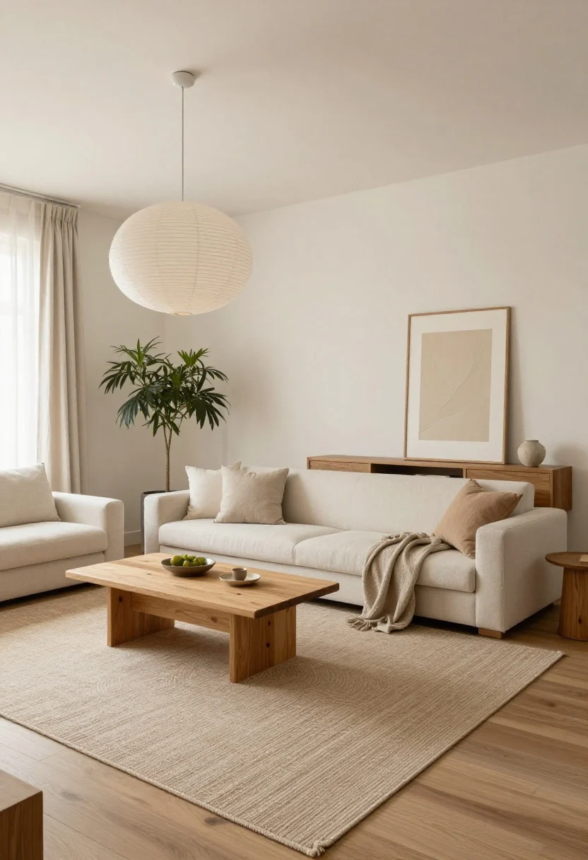 Wide shot “Putting it all together”: A complete Japandi living room composition—warm off-white walls, large neutral rug, low linear sofa; light oak coffee table adding wood and texture; linen curtains, layered jute/wool rugs, soft bouclé pillows; layered warm lighting with a rice paper pendant and wooden floor lamp; one large sculptural plant; a single piece of calm art; closed storage media console. Balanced negative space, serene, lived-in yet minimal. Photorealistic, harmonious.