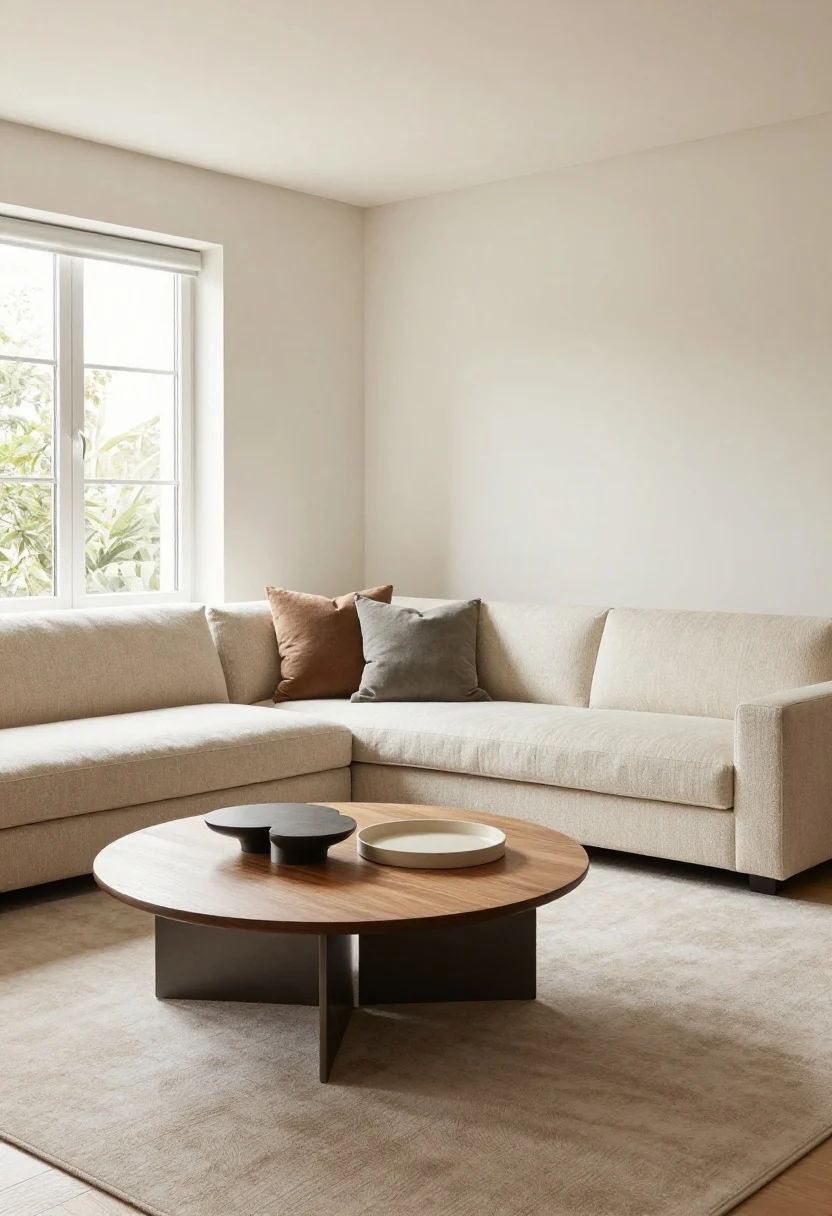 Wide shot with flow emphasis: A compact living room featuring a curved sectional with one armless end and a chaise that keeps sightlines open to a window; a round coffee table sits 14–18 inches from the sofa edge; nesting side tables and an oval tray add softness; pathways remain clear around the chaise; textures include boucle upholstery, matte metal, and warm wood; gentle daylight, low-contrast upholstery, airy mood, photorealistic.