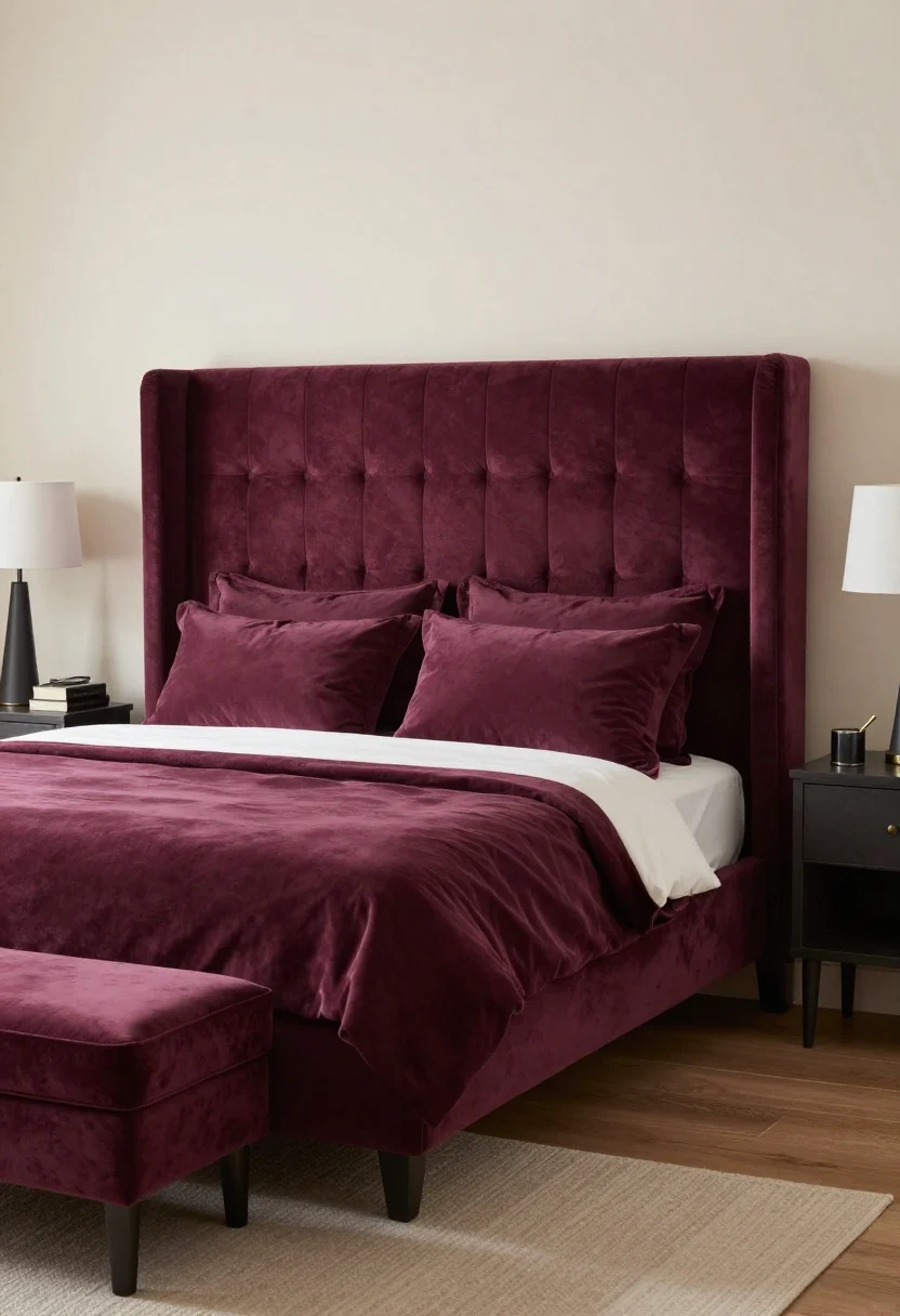Wide, straight-on hero shot of a statement headboard as the focal point: a tall channel-tufted velvet headboard in aubergine rising 6–10 inches above pillows, with the rest of the room calm and streamlined. Echo the fabric tone once more via a matching lumbar pillow or a small footstool. Neutral bedding and uncluttered nightstands; boutique-hotel vibe under warm, flattering light, photorealistic.