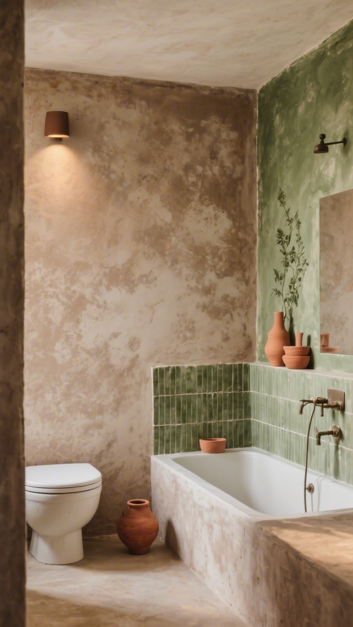 Wide straight-on shot of a bathroom with earthy wall treatments: limewash walls in warm taupe with a soft, mottled, artisan texture; sage green accent on a side wall for botanical calm; muted terracotta accessories for a sunbaked note; tile or satin paint confined to wet zones while the limewash shines on dry walls; gentle ambient lighting enhancing depth and plaster-like variation.