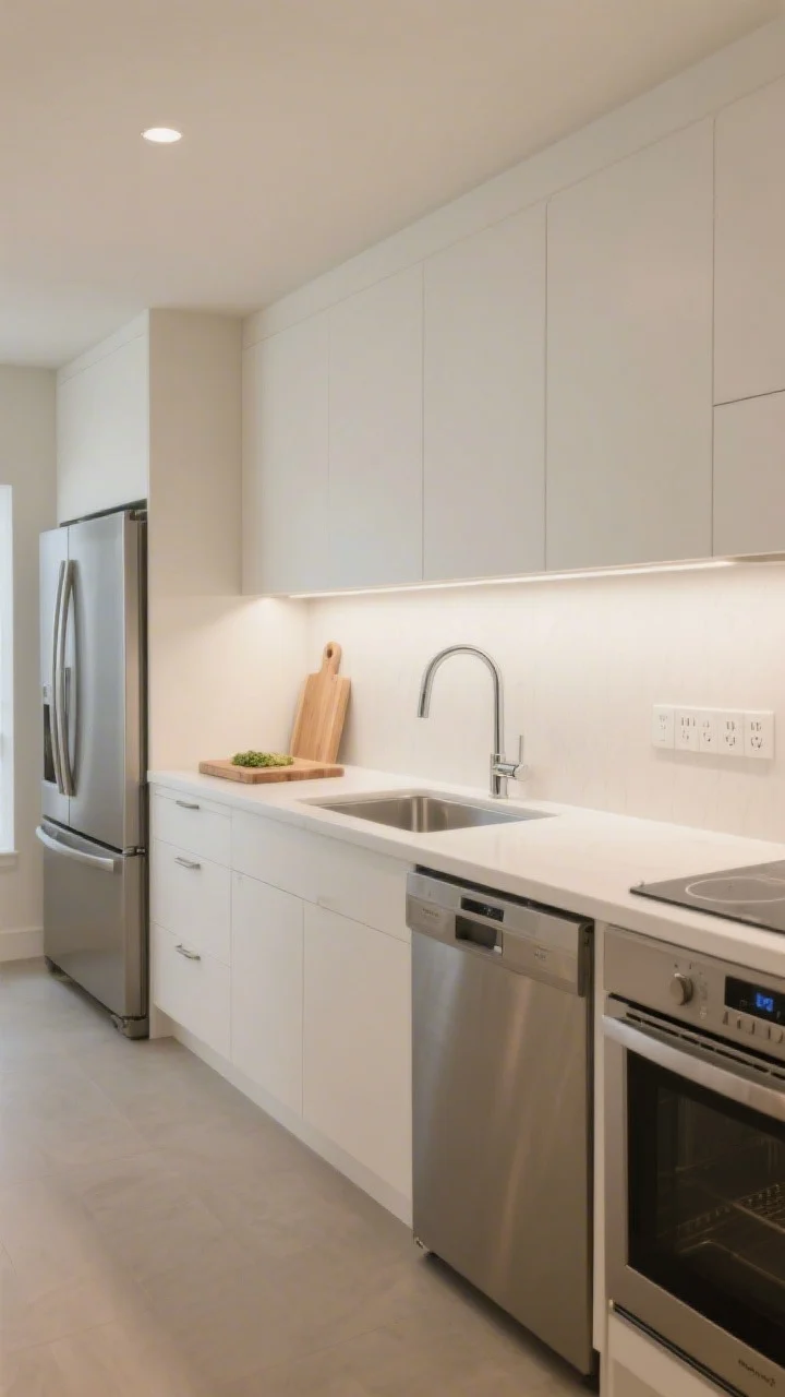 Wide, straight-on shot of a one-wall kitchen showing the “power strip” sequence from left to right: counter-depth fridge → generous prep zone with cutting board → centered single-bowl sink with minimalist faucet → induction cooktop and built-in oven on the far right. Include a dishwasher panel next to the sink on the prep side. Keep counters uncluttered, use a calm monochrome palette in creamy white with soft greige walls, matte finishes, and a continuous counter and low backsplash. Warm-white lighting, no people, photorealistic.