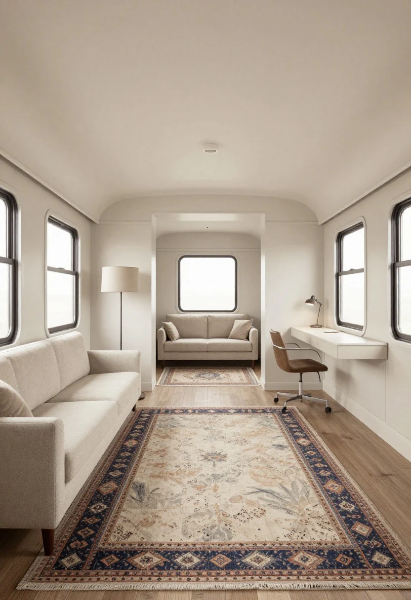 Wide, straight-on view of a long, narrow living room divided into “train car” zones: front zone is a conversation area with a rug; middle zone has a reading nook with a floor lamp; rear zone features a slim desk with a task lamp; runner-style and area rugs layered per zone with varied patterns tied by a shared color thread; a loveseat sits back-to-back with the main sofa to start a second seating area; pendant or low-profile flush mount in center; narrow consoles, low-back loveseat, cohesive monochrome base and layered textures, photorealistic.