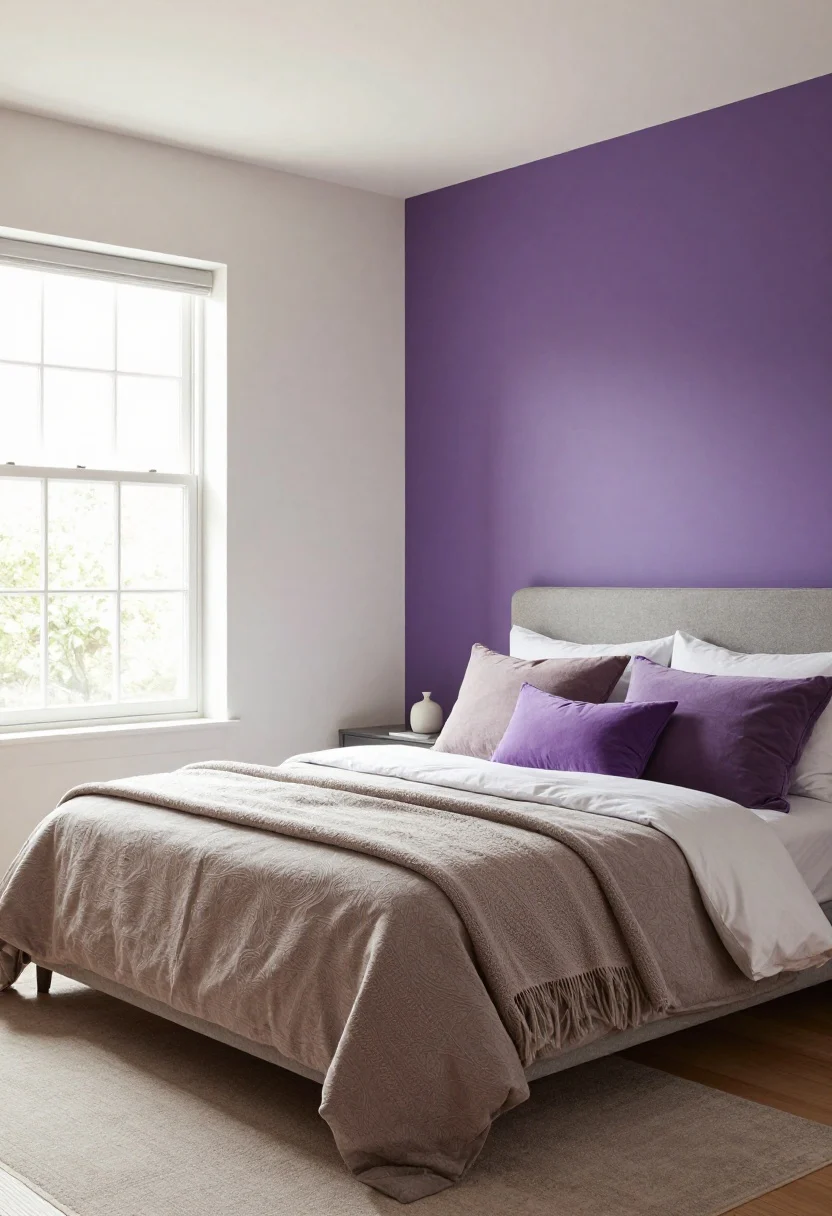 Wide, straight-on view of a modern bedroom showcasing a sophisticated purple palette: one plum accent wall paired with three soft warm-white walls, clean-lined furniture, and neutral textiles. Include muted purples like aubergine, eggplant, dusty mauve, and smoky lavender in pillows and throws. Use natural daylight from a window to show how the purple shifts under warm vs. cool light. Ground the scene with taupe and greige accents for balance, no childish elements, photorealistic.