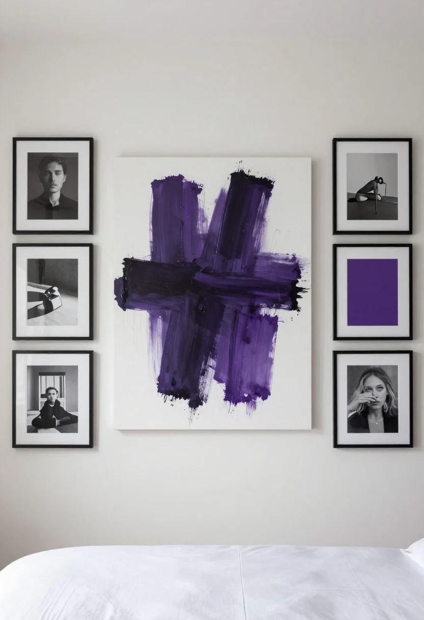 Wide wall-focused shot above the bed featuring modern art: a large-scale abstract with deep violet brushstrokes centered, flanked by a balanced gallery of black-and-white photography in white or black frames, with one small piece containing a purple accent. Clean, generous matting. Minimalist bedding and decor below to keep emphasis on the art; neutral, even lighting, photorealistic.