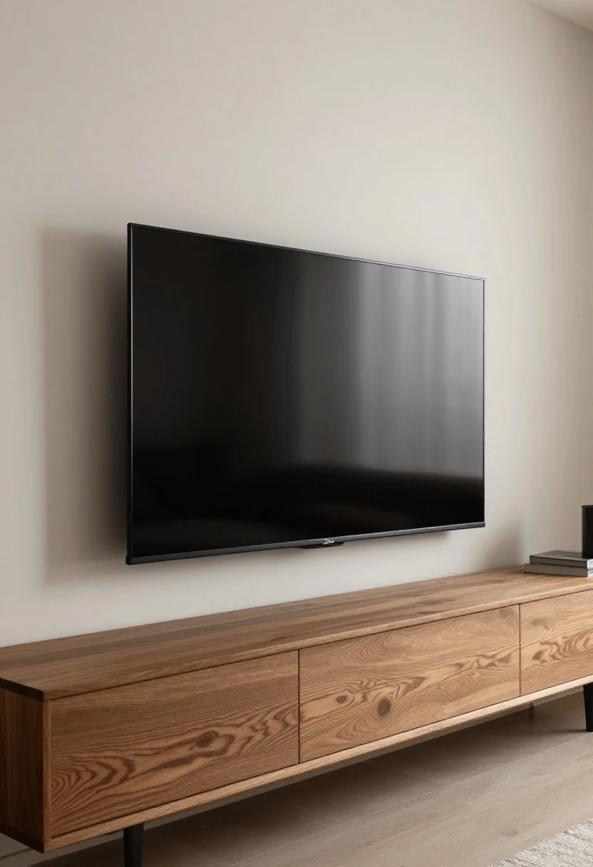 75-inch spacing, running floor-to-ceiling, black low-profile TV mount; satin polyurethane finish catching gentle sidelight; overall palette subdued with oak, walnut console edge visible; acoustically warm, modern texture emphasized, photorealistic.