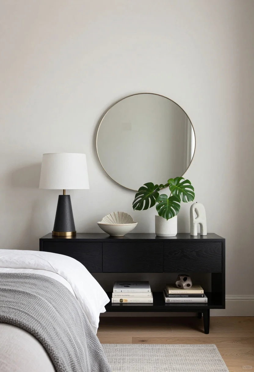 A balanced, not mirrored, bedroom scene in a medium shot: two matching lamps anchor the bed on both sides for structure; one nightstand styled with a leafy plant and ceramic dish, the other with a stacked trio of books and a small sculpture; heights aligned for visual balance; echoed curved shapes appear in a round mirror and arched lamp shades; soft, even lighting.