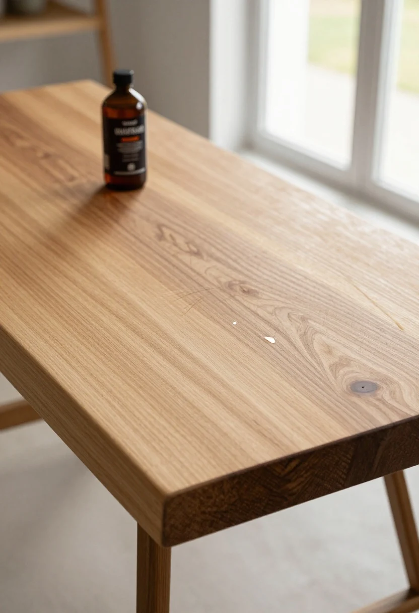A closeup detail of end-grain butcher block in hard maple with warm honey tones, showing fresh knife marks and a satin glow from food-safe oil; edges are rounded over to minimize dings; a low-profile cutting board and a small bottle of food-safe board oil on the counter; soft natural light from a window, crisp texture of the wood grain in focus, photorealistic.