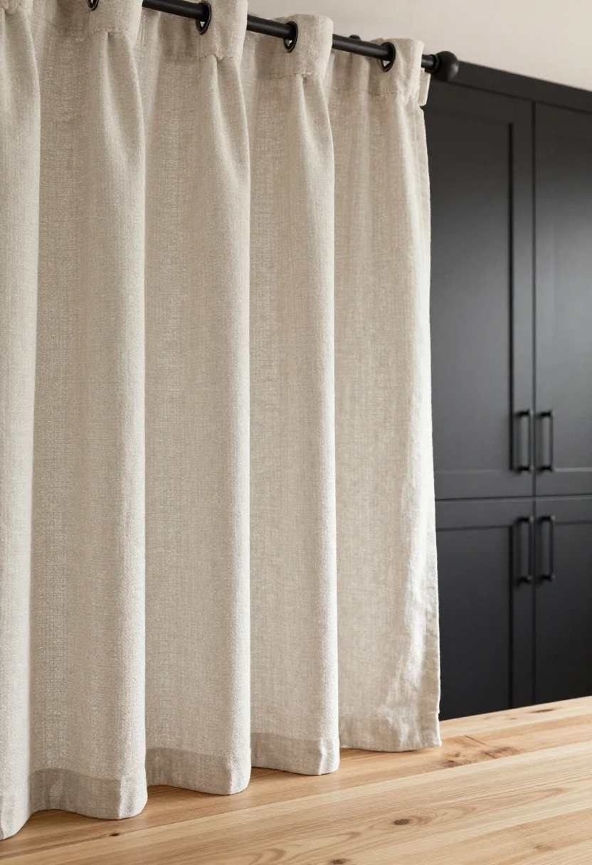 A closeup detail of refined industrial-farmhouse hardware and fabric: neutral, slubby linen curtain panels hanging from a forged-look black iron rod with minimal cap finials and quiet-glide ring clips; the panels just kissing the sill or hovering a half-inch above a warm wood counter; soft natural light revealing linen grain and iron texture; matte black cabinet pulls in the background for cohesion; no people, photorealistic.