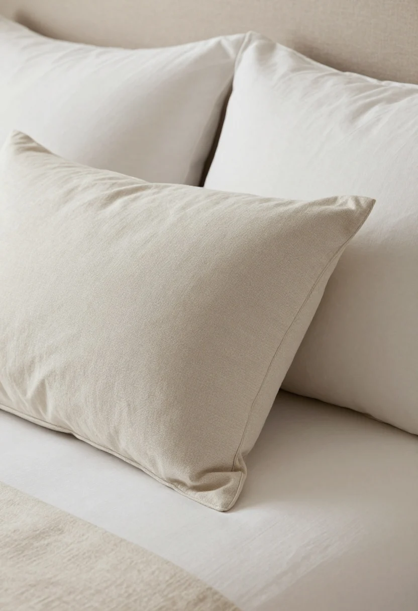 A closeup detail of the pillow arrangement on a queen bed: two sleeping pillows, two euro shams behind them, and a single lumbar accent pillow; inserts are sized up for a plump look (20-inch insert in 18-inch cover), with crisp edges and a subtle “karate chop”; fabrics in cotton-linen with muted neutrals and a slight texture, softly lit for a tailored vibe.