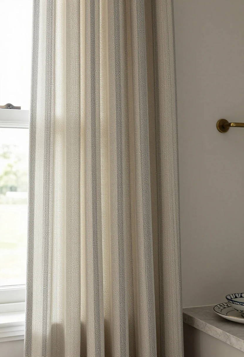 A closeup detail shot of patterned cotton-linen curtain fabric hanging beside a neutral kitchen window: modern stripes or a subtle botanical motif in two to three colors that echo the hues of nearby island stools and a patterned dish; the scale suits the pane size, with daylight grazing the weave to show texture; black or brass decorative rod and clip rings peeking in at the top edge; no people, photorealistic.