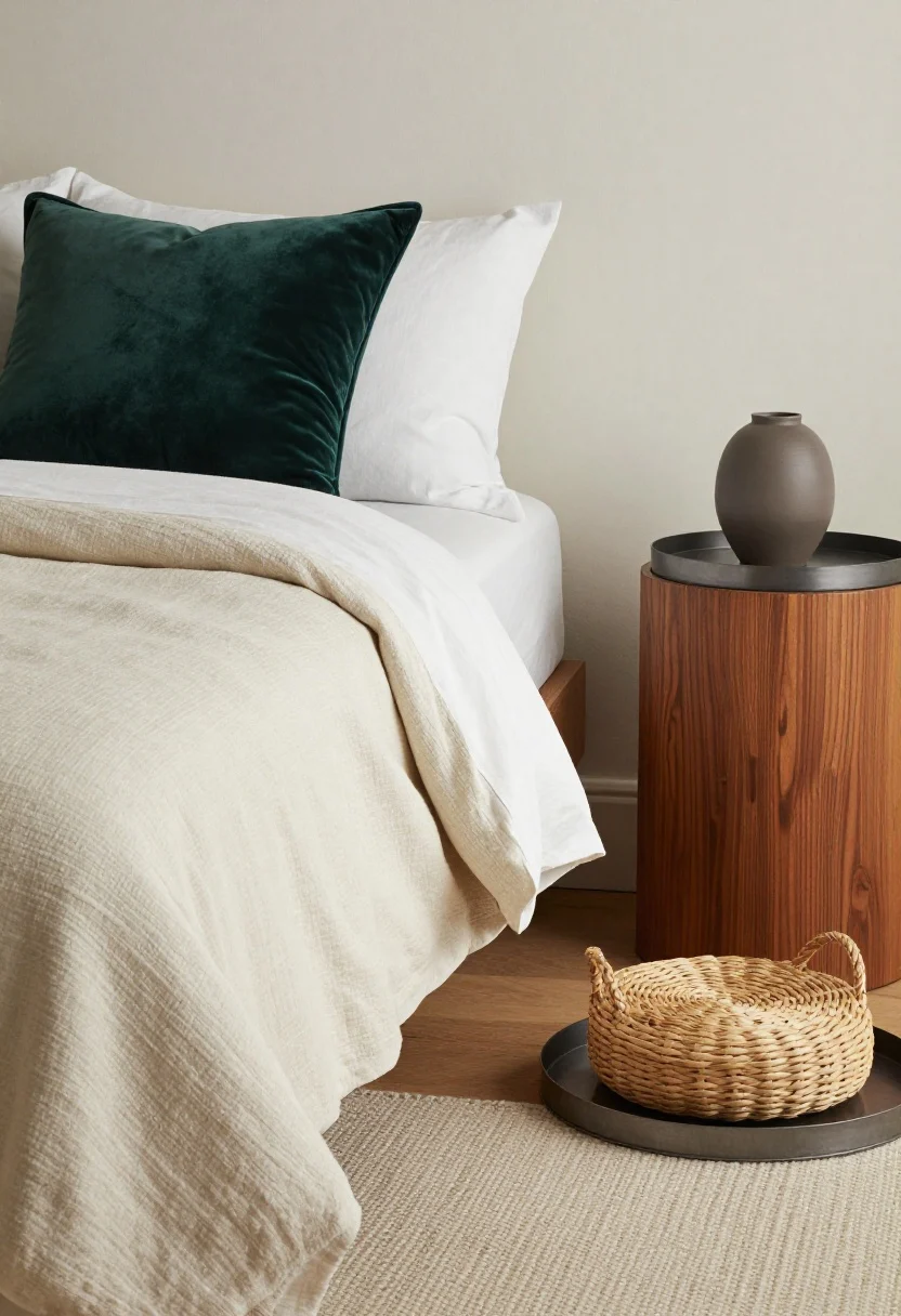 A closeup texture study on the bed and side table: a natural linen duvet, a deep moss velvet throw pillow, a nubby cream knit throw draped across the foot, a woven seagrass basket under the nightstand, and a matte ceramic lamp base; contrasting warm wood and cool metal tray; side-angle shot emphasizing light and shadow across varied textures.