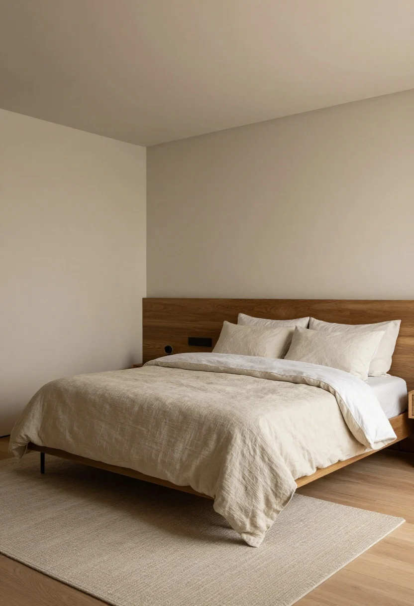 A concluding wide shot of a high-end, calm bedroom that integrates the upgrades: layered warm lighting, correctly sized low-pile rug under the lower two-thirds of the bed, linen and cotton bedding with a folded coverlet, mixed textures and wood tones, upgraded hardware, hidden cords, balanced styling with a hint of asymmetry; serene, photorealistic, no people.