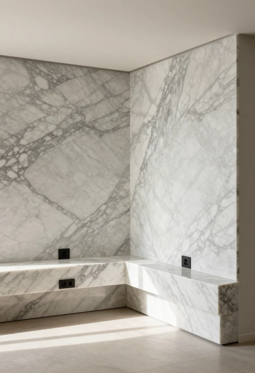 A corner-angle medium shot of an island with a dramatic waterfall edge in marble-look quartz, strong, continuous veining bookmatched down both sides; simple, low-profile barstools to keep focus on the slab; discreet outlets tucked under the overhang; clean flooring and minimal decor; soft daylight with gentle shadowing for depth, photorealistic.